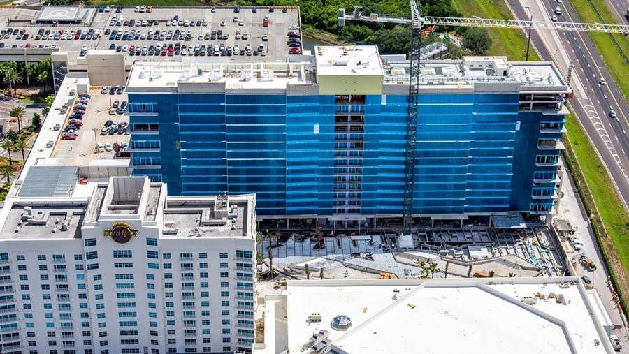 Panoramic view of finished commercial building.